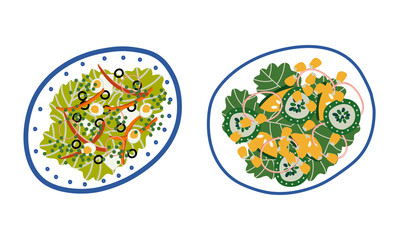 Salad with Mixed Greenery, Egg and Corn Served on Plate Above View Vector Set