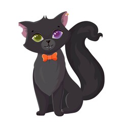 Cute black kitten with an orange bow. Mystical animal for Halloween. Heterochromia. Vector illustration isolated on white background.