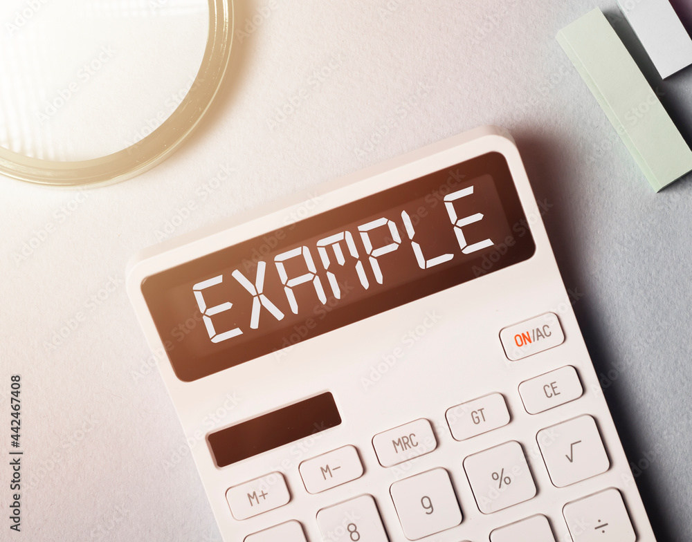 Poster example word on calculator display, top view.