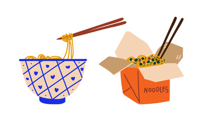 Stir-fried Prepared Udon Noodle Served in Carton Box and Bowl Vector Set