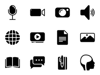 Set of black vector icons, isolated against white background. Flat illustration on a theme content creation tools and types. Fill, glyph
