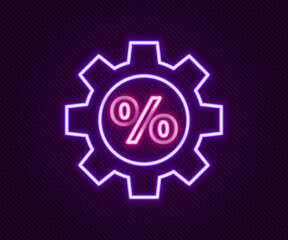 Glowing neon line Gear with percent icon isolated on black background. Colorful outline concept. Vector