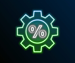 Glowing neon line Gear with percent icon isolated on black background. Colorful outline concept. Vector