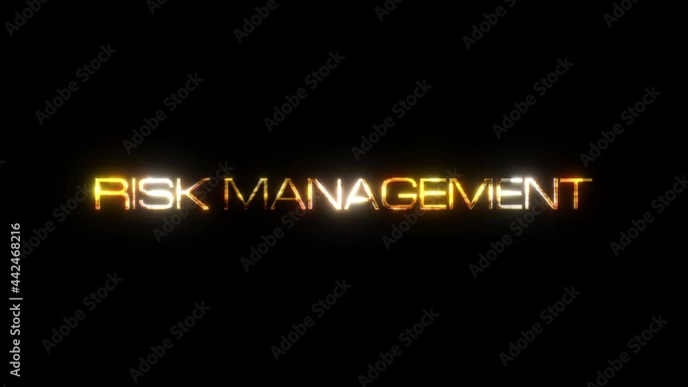 Poster risk management text word gold light animation loop with glitch text effect on black background. 4k 