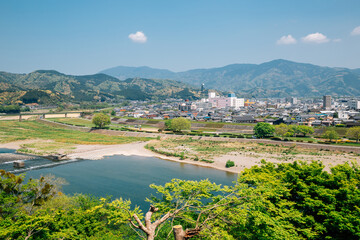 Fototapeta na wymiar View of Ozu village and Hijikawa river in Ehime, Shikoku, Japan