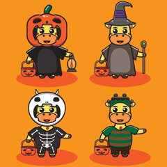 Vector illustration of cute Giraffe Halloween cartoon. Pumpkin, Wizard, Skeleton and Frankenstein costume set. Good for icon, logo, label, sticker, clipart.