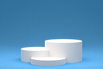 White minimal podium or pedestal display on abstract blue background for cosmetic product presentation