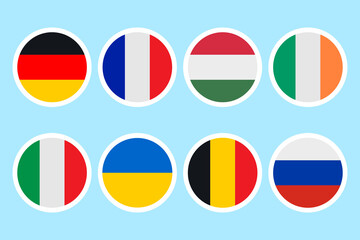 Flags of different countries. A set of stickers on a white backing. Collection of vector icons. Isolated background. National symbol of the state. Political topics. Flat style. Idea for web design.