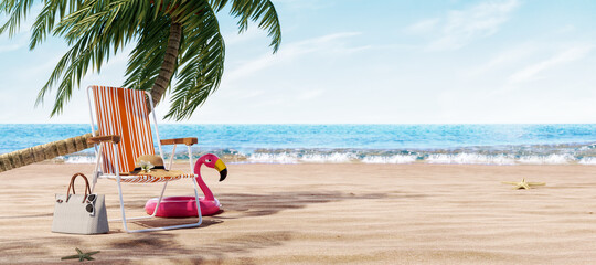 Orange beach chair under the palm tree with summer accessories 3D Rendering, 3D Illustration