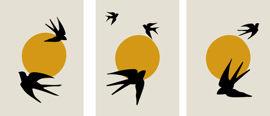 Collection of minimalistic artistic landscapes of nature: flying birds (swallows) against the background of the sun
