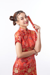 Asian chinese woman in traditional dress on white background. Chinese new year festival,