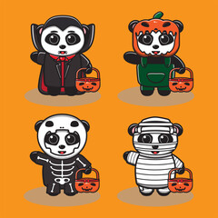 Vector illustration of cute Panda Halloween cartoon. Dracula, Pumpkin, skeleton and Mummy costume set. Good for icon, logo, label, sticker, clipart.