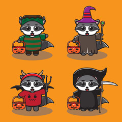 Vector illustration of cute Raccoon Halloween cartoon. Frankenstein, Wizard, Devil and Reaper costume set. Good for icon, logo, label, sticker, clipart.
