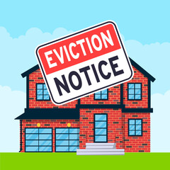 House eviction notice legal document icon sign sticker on the house building vector illustration flat style design. Notice to vacate form eviction credit debt real estate business concept.