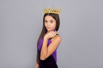 Look like a princess. Prom princess wear crown. Beauty queen grey background