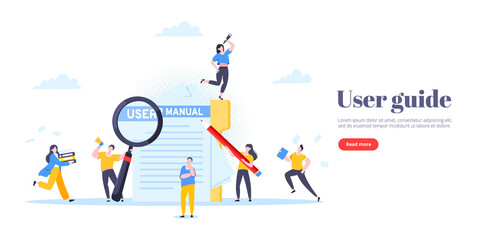 User manual guide book flat style design vector illustration. Tiny people and guidance manual instructions working together with guide book. Specifications user guidance document.