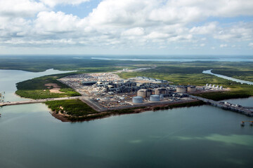 Aerial image of industrial plant in construction on the harbour