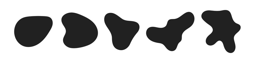 Random abstract liquid organic black irregular blotch shapes flat style design fluid vector illustration set banner simple shape template for presentation design, flyer, isolated on white background.