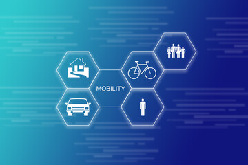 An illustration of mobility pentagon network on a blue background