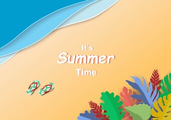Summer background with tropical leaves on paper cut style
