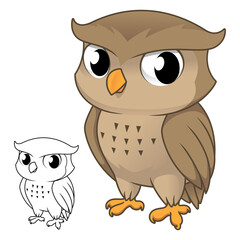 Cute Adorable Owl Standing with Line Art Drawing.