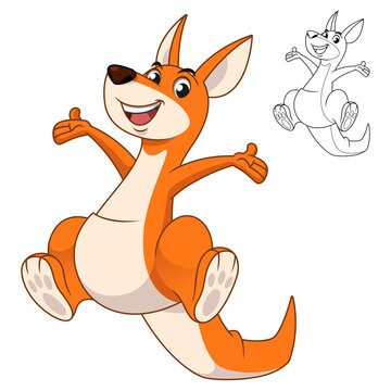 Cute Happy Kangaroo Jumping with Line Art Drawing.
