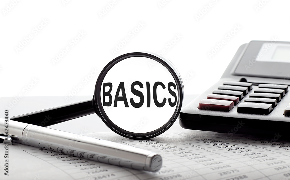 Poster magnifying glass with text basic on chart with pen and calculator