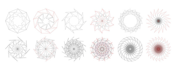Set of geometric element design vector templates in aperture, grinding knife, wheel rim, gears shape patterns. Created using AI CS6.