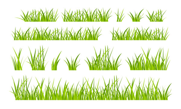 Green grassland lawn field border flat style design vector illustration set isolated on white background. Cartoon summer green grass nature landscape field.