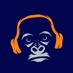 Monkey headset funny funky line pop art logo. Colorful design with dark background. Abstract vector illustration