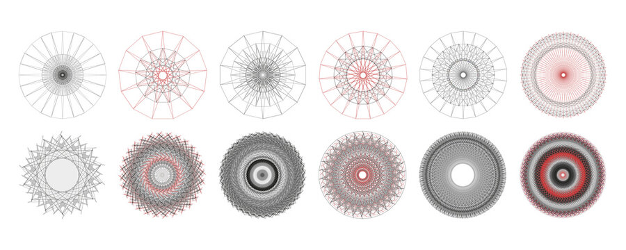 Set of geometric element design vector templates in dream catcher, turbine fan, grinding knife, rim, flywheel/freewheel, gears, yarn stitches shape patterns. Created using AI CS6.