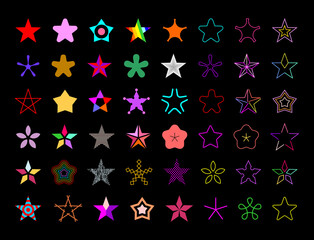 Coloré isolé sur un fond noir Star Shapes vector icon set. Gros lot de symboles décoratifs étoiles à cinq branches.