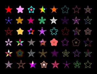 Gordijnen Gekleurde geïsoleerd op een zwarte achtergrond Star Shapes vector icon set. Grote bundel decoratieve vijfpuntige stersymbolen. ©  danjazzia
