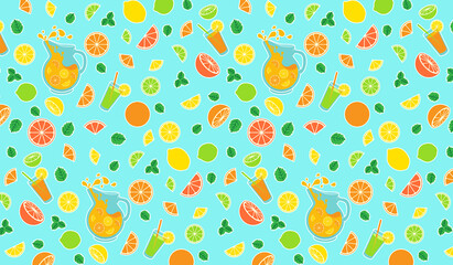 Citrus seamless pattern. Vector flat Illustrations of lemonade, orange, lemon, lime, grapefruit for web, print and textile.