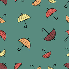 Obraz premium Cute seamless pattern with umbrellas of different pastel autumn colours- red, orange, yellow, green. Pattern for textile, backdrop, prints