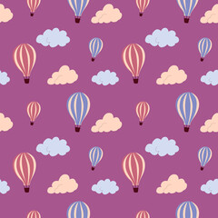 Seamless pattern with flying hot air balloon and colorful clouds, on a  background. Vector endless texture for travel design.
