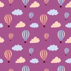 Papier Peint photo Montgolfière Modèle sans couture avec ballon à air chaud volant et nuages colorés, sur fond. Texture sans fin de vecteur pour la conception de voyage.