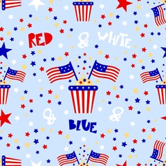 Obraz premium Seamless pattern with box of popcorn with American flag. Red blue white. Patriotic backdrop.