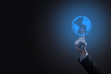 Businessman man hand holding Earth icon , digital globe