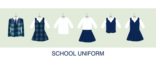 School or College Uniforms on Hangers. Kids Clothes Vector Set - obrazy, fototapety, plakaty