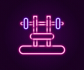 Glowing neon line Bench with barbel icon isolated on black background. Gym equipment. Bodybuilding, powerlifting, fitness concept. Colorful outline concept. Vector