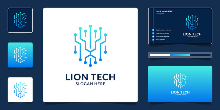 Lion head technology logo design and business card template.