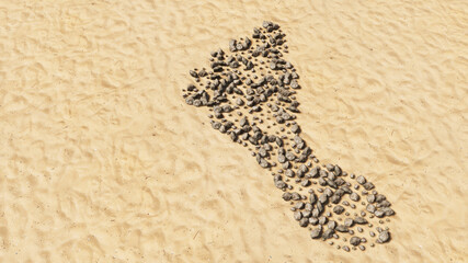 Concept conceptual stones on beach sand handmade symbol shape, golden sandy background, barefoot sign. 3d illustration metaphor for nature, health, environment, carbon footprint and climate change