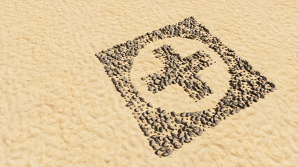 Concept conceptual stones on beach sand handmade symbol shape, golden sandy background, cross sign. 3d illustration metaphor for medical care assistance, emergency doctor, pharmacy or  hospital