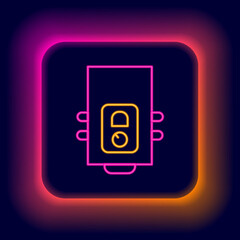 Glowing neon line Gas boiler with a burning fire icon isolated on black background. Colorful outline concept. Vector
