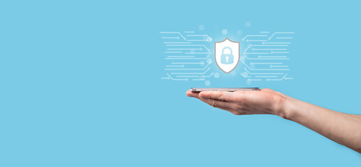 Cyber security network. Padlock icon and internet technology networking. Businessman protecting data personal information on tablet and virtual interface. Data protection privacy concept. GDPR. EU