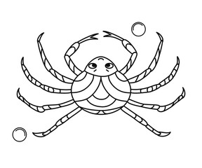 Abstract cartoon character - sea crab, garden spider with eyes, smile. Children's contour coloring. Black drawing on a white background. Vector illustration. Crab underwater animal