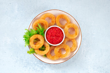 Calamari rings with green salad. Deep fried squid rings, overhead shot