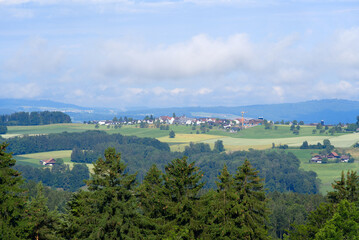 Beautiful panoramic landscape seen from local mountain Uetliberg canton Zurich on a summer morning. Photo taken June 29th, 2021, Zurich, Switzerland.