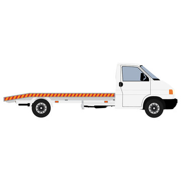 Tow truck delivers the damaged vehicle car. Vector illustration. Isolated on white background.